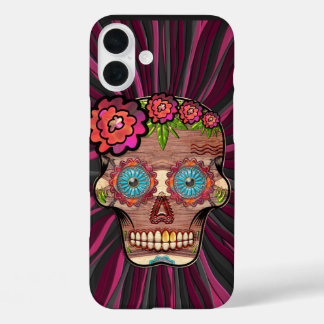 Funda iPhone 16 Plus Calavera de azúcar de aspecto de madera tallada co