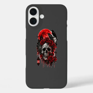 Funda iPhone 16 Plus Calavera de Cuervo Gótico Oscuro con Rosas Carmesí