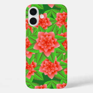 Funda iPhone 16 Plus Camelias naranjas coral y hojas verdes
