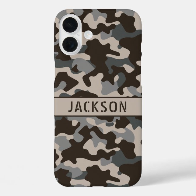 Funda iPhone 16 Plus Camuflaje marrón y gris personalizado (Reverso )