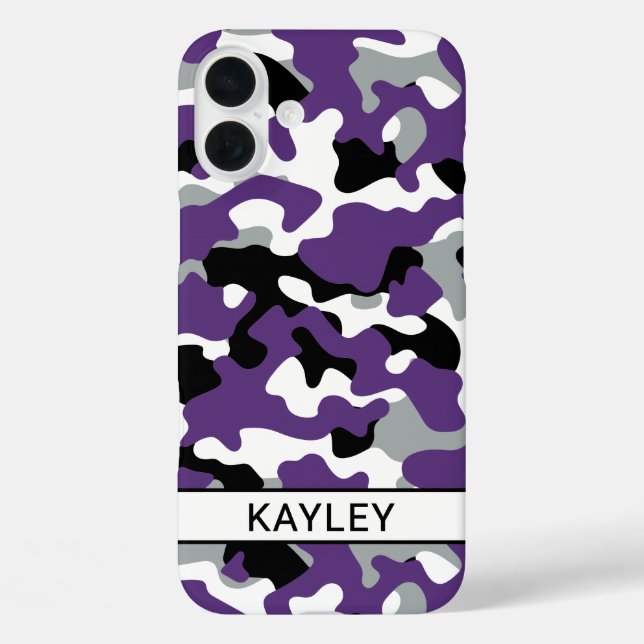 Funda iPhone 16 Plus Camuflaje negro morado personalizado (Reverso )