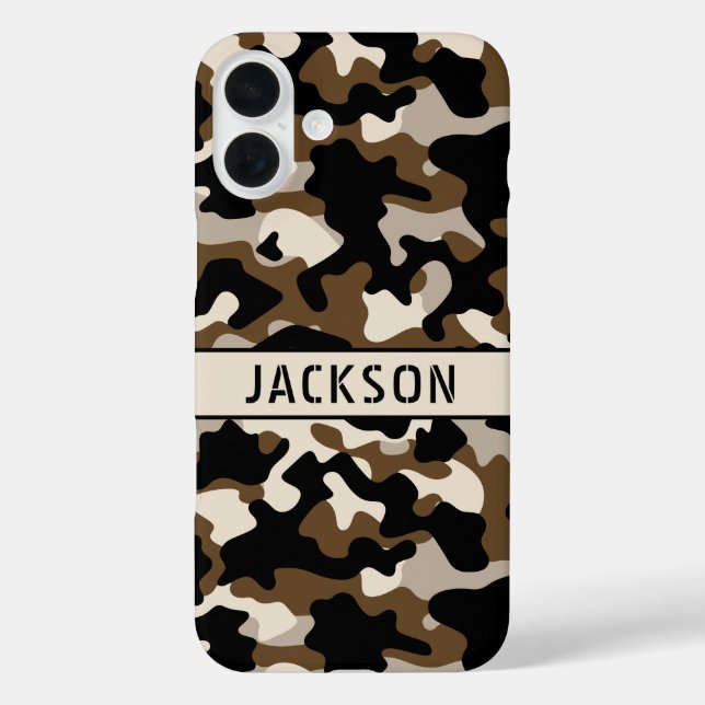 Funda iPhone 16 Plus Camuflaje negro y marrón Personalizado (Reverso )