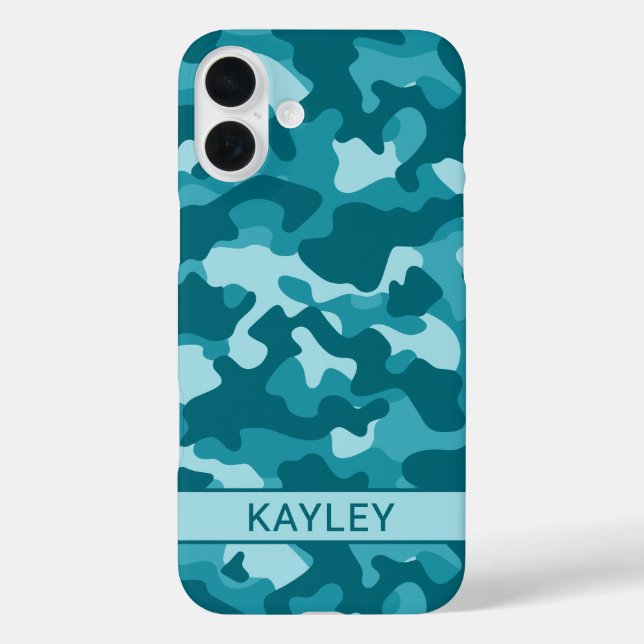 Funda iPhone 16 Plus Camuflaje personalizado de color cian (Reverso )