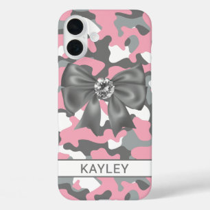 Funda iPhone 16 Plus Camuflaje personalizado rosa brillante gris