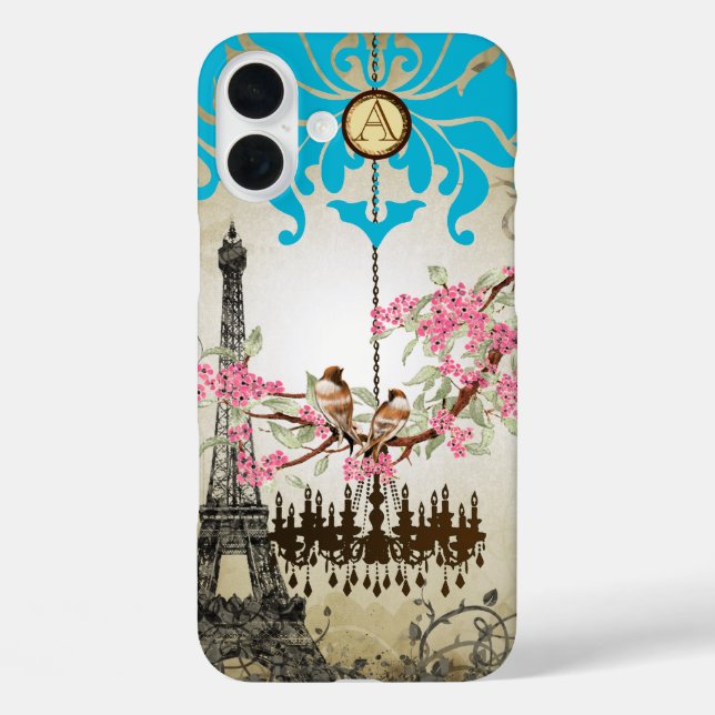 Funda iPhone 16 Plus Candil de iPhone Flor de Cerezo Monograma Pájaro (Reverso )
