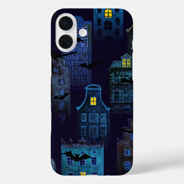 FUNDA iPhone 16 PLUS CASAS DE HALLOWEEN NEGRO OSCURO Y AZUL (Reverso )