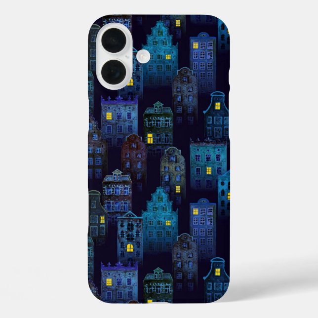 FUNDA iPhone 16 PLUS CASAS DE HALLOWEEN NEGRO OSCURO Y AZUL (Reverso )