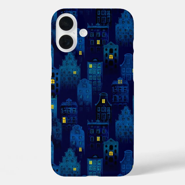FUNDA iPhone 16 PLUS CASAS DE HALLOWEEN NEGRO OSCURO Y AZUL (Reverso )