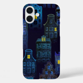 FUNDA iPhone 16 PLUS CASAS SINIÉSTRAS DE HALLOWEEN NEGRO Y AZUL OSCURO