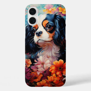Funda iPhone 16 Plus Cavalier King Charles Spaniel en flores