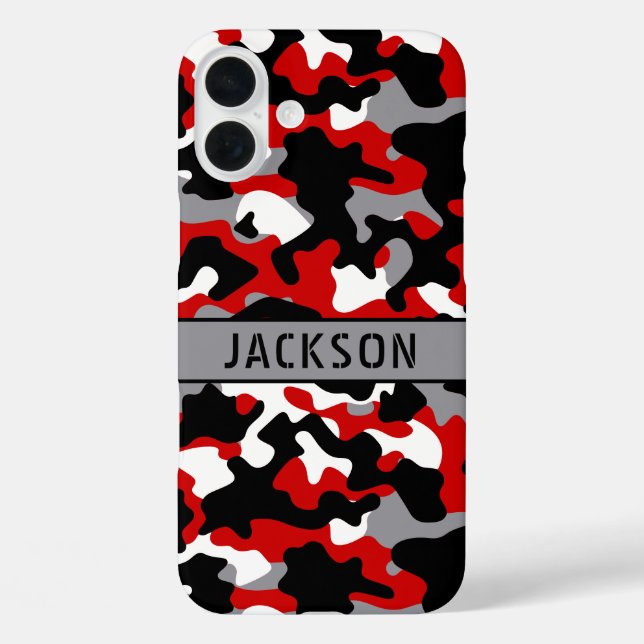 Funda iPhone 16 Plus Cazadora personalizada de camuflaje rojo y negro (Reverso )