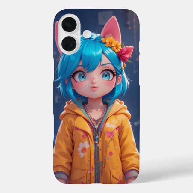 Funda iPhone 16 Plus Chica de gato kawaii azul-haitiano (Reverso )