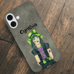 Funda iPhone 16 Plus Chica gótica pelo negro verde Tatuajes Gris