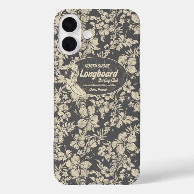 Funda iPhone 16 Plus Club Surfing Longboard Hibiscus Hawaiian Gray (Reverso )