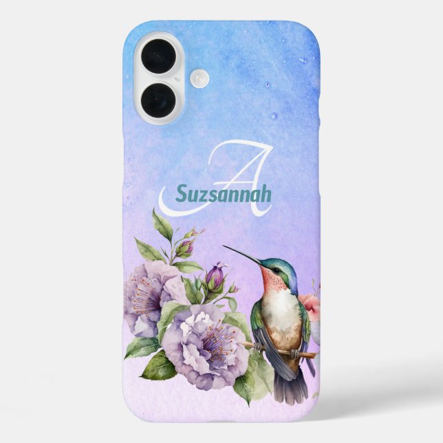 Funda iPhone 16 Plus Colibrí acuarela y flores personalizadas (Reverso )