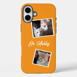 Funda iPhone 16 Plus Collage de 2 fotos de gatos y nombre de mascotas n