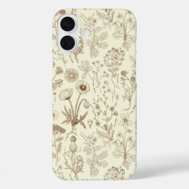 Funda iPhone 16 Plus Collage de flores silvestres/ beige y sepia (Reverso )