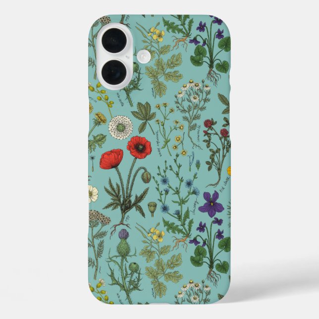 Funda iPhone 16 Plus Collage de flores silvestres sobre azul (Reverso )