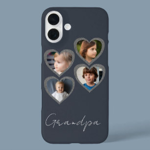 Funda iPhone 16 Plus Collage de fotos Abuelo Gray Hearts Abuelitos