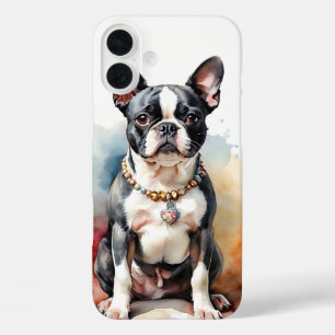 FUNDA iPhone 16 PLUS COLOR DEL AGUA PERRO NEGRO Y BLANCO BOSTON TERRIER