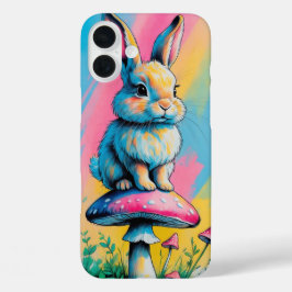Funda iPhone 16 Plus Conejo juguetón en hongos coloridos arte animal