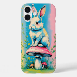 Funda iPhone 16 Plus Conejo sentado en hongos con Pastel vibrante