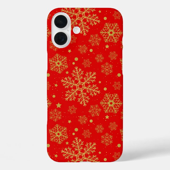 Funda iPhone 16 Plus Copos de nieve dorados en rojo (Reverso )