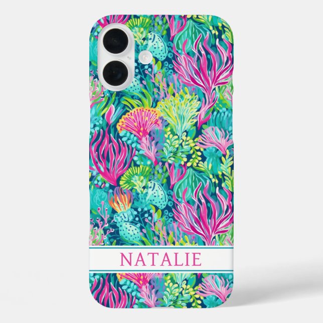 Funda iPhone 16 Plus Coralino Arrecife de Coral Monogramado (Reverso )