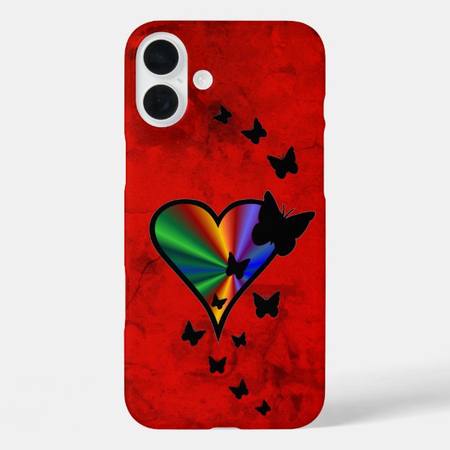 Funda iPhone 16 Plus Corazón arcoiris y mariposa (Reverso )