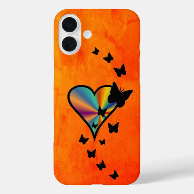 Funda iPhone 16 Plus Corazón arcoiris y mariposa (Reverso )