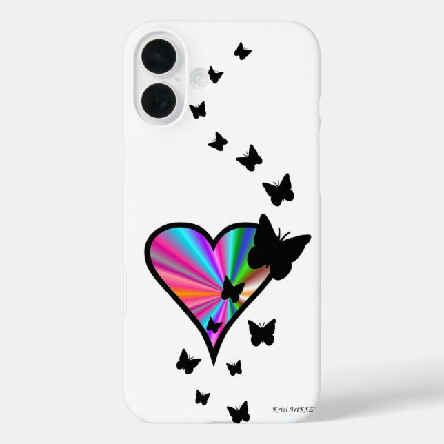 Funda iPhone 16 Plus Corazón de Arcoíris y Mariposa (Reverso )