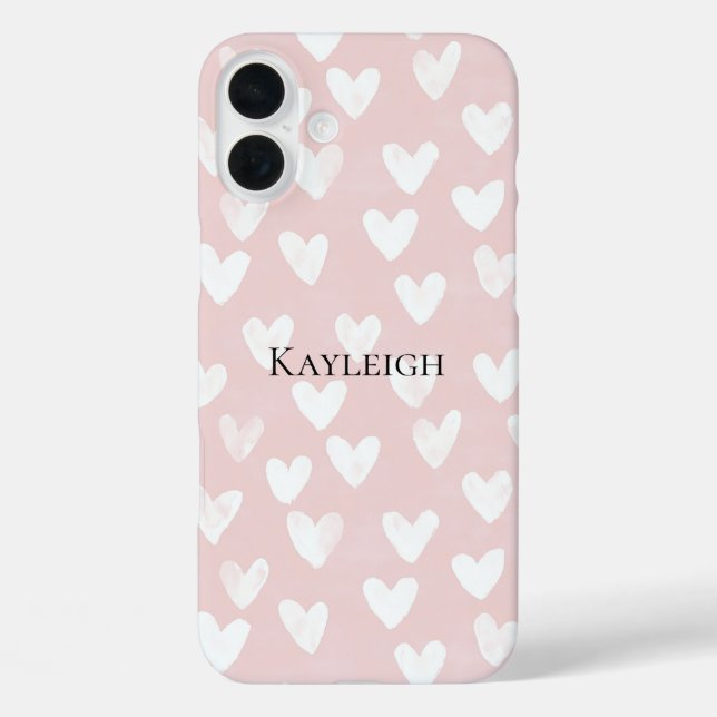 Funda iPhone 16 Plus Corazones blancos rosados (Reverso )