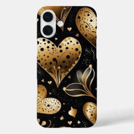 FUNDA iPhone 16 PLUS CORAZONES DE AMOR DE VALENTINA NEGRO Y ORO ABSTRAC