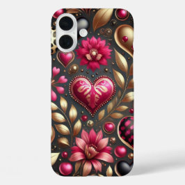 FUNDA iPhone 16 PLUS CORAZONES DE SAN VALENTÍN ROJOS ROSADOS NEGROS DOR