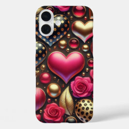 FUNDA iPhone 16 PLUS CORAZONES DE VALENTINA DE ORO NEGRO ROJO