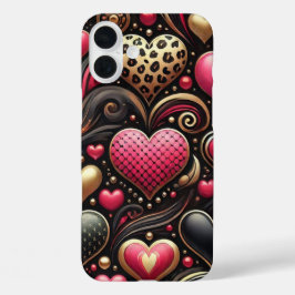 FUNDA iPhone 16 PLUS CORAZONES DE VALENTINA DE ORO NEGRO ROJO