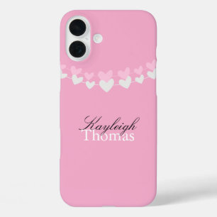Funda iPhone 16 Plus Corazones Personalizados Rosa y Blanco