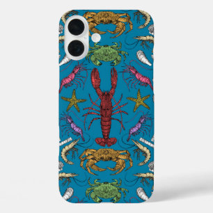 Funda iPhone 16 Plus cornwall crustaceans damask azul pop