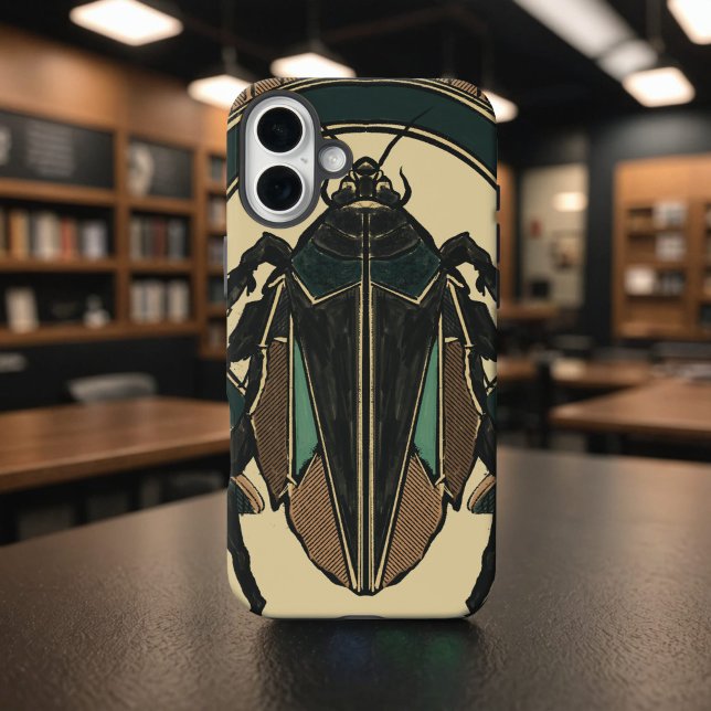 Funda iPhone 16 Plus Cucaracha Única Dibujada a Mano Deco Audaz Marrón  (Hand-drawn cockroach phone case in art deco style, brown and teal on a vintage parchment background)