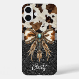 Funda iPhone 16 Plus Cuero de Vaca Negro Lazo de Joyería de Cuero
