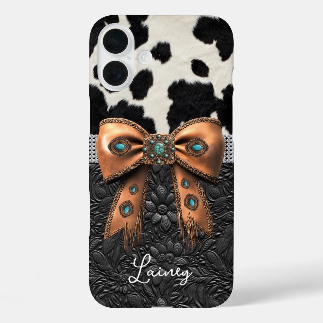 Funda iPhone 16 Plus Cuero de vaca negro y blanco con lazo con joyas (Reverso )
