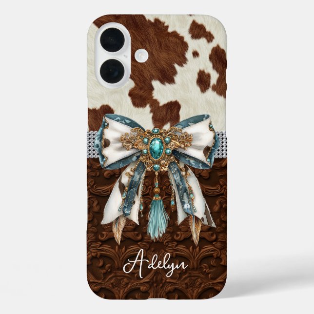 Funda iPhone 16 Plus Cuero Marrón de Vaca Cuero con Lazo con Joyas (Reverso )