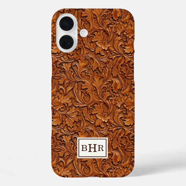 Funda iPhone 16 Plus Cuero Marrón Grabado Monogramado (Reverso )