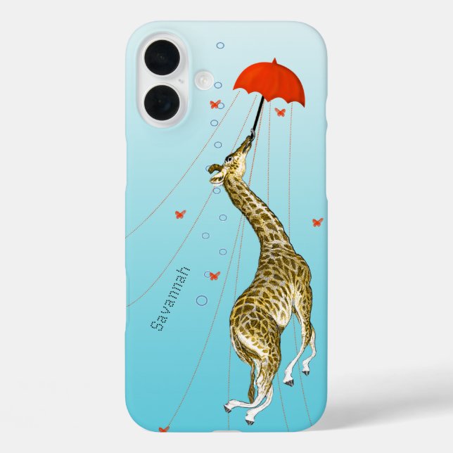 Funda iPhone 16 Plus Cuidada jirafa voladora con paraguas en Aqua (Reverso )