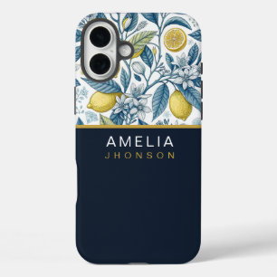 Funda iPhone 16 Plus Custom Elegant Mediterranean Lemon Botanical Navy