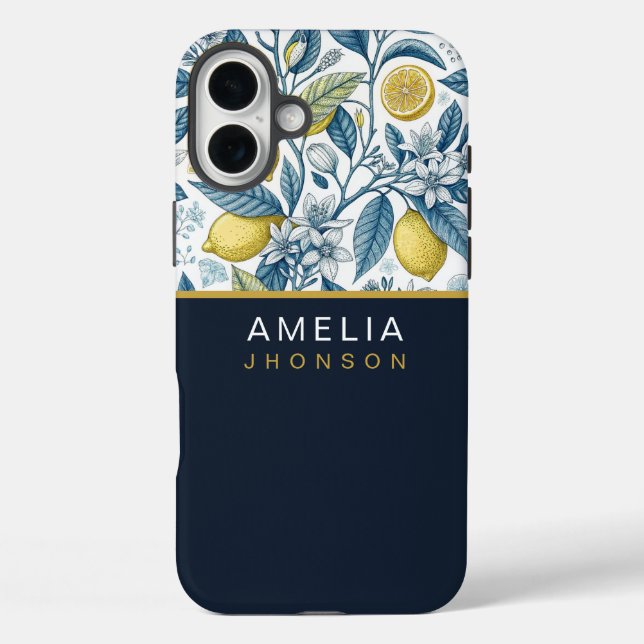 Funda iPhone 16 Plus Custom Elegant Mediterranean Lemon Botanical Navy (Reverso )