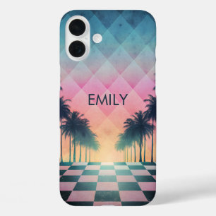 Funda iPhone 16 Plus Custom Name Retro Synthwave Sunset Palm Trees