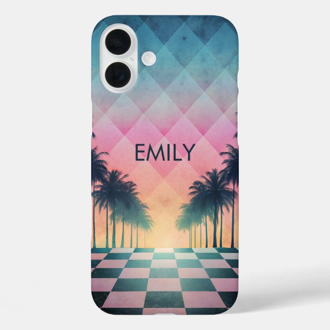 Funda iPhone 16 Plus Custom Name Retro Synthwave Sunset Palm Trees (Reverso )