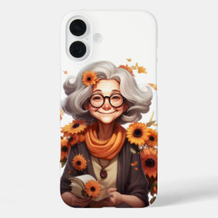 FUNDA iPhone 16 PLUS CUTE FUNNY FALL GRANDMA CON FLORES