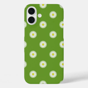 Funda iPhone 16 Plus Daisies Patrón ilustrativo sobre el verde
